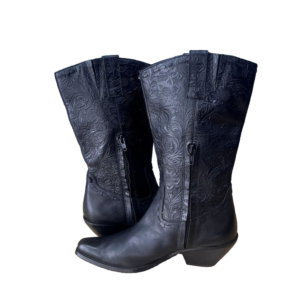 Coldwater Creek Boots Womens 6.5M Black Vintage Embossed Leather Cowboy Cowgirl